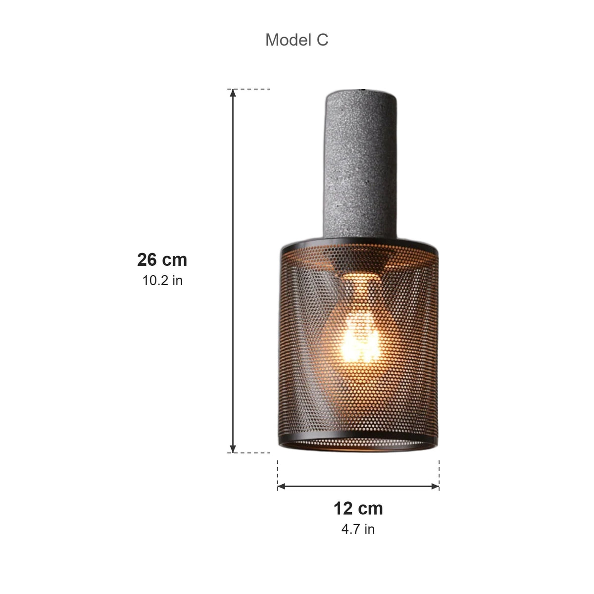 Concrete pendant light Model C dimensions, 26cm tall and 12cm wide