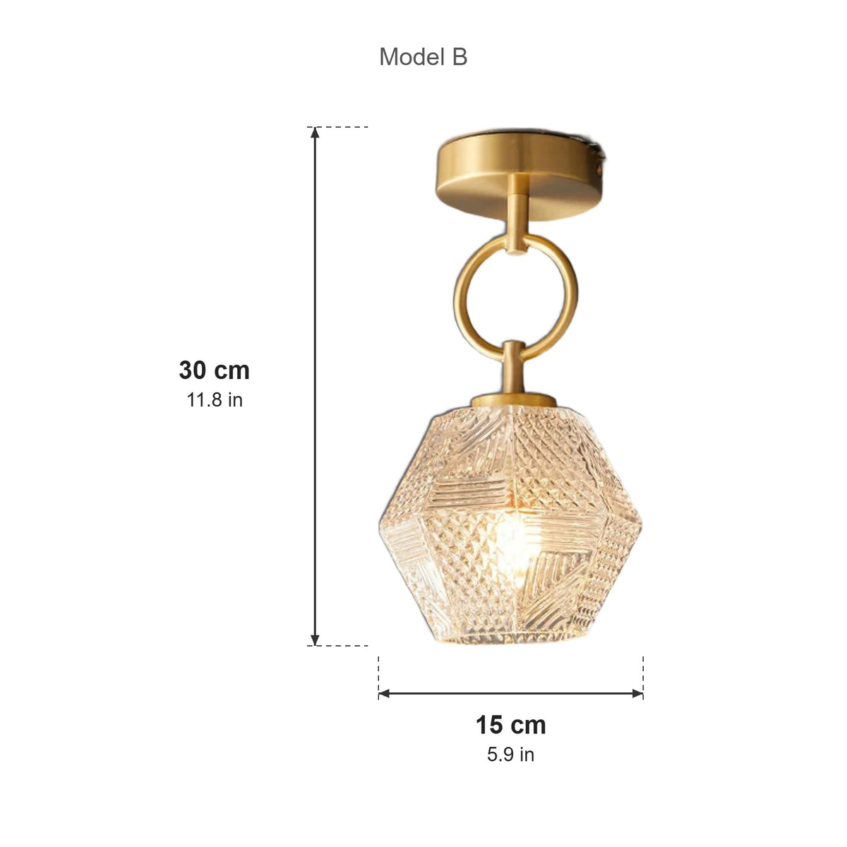 Diamond Cut ceiling light Model B dimensions, 30cm tall and 15cm wide
