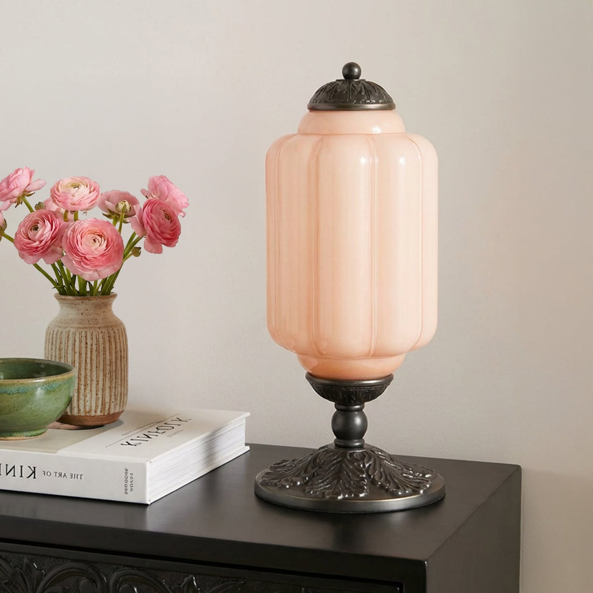 Lumi | Ribbed Glass Table Lamp, French Vintage Bedside Lamp with Brass Base, Milk Glass Desk Lamp