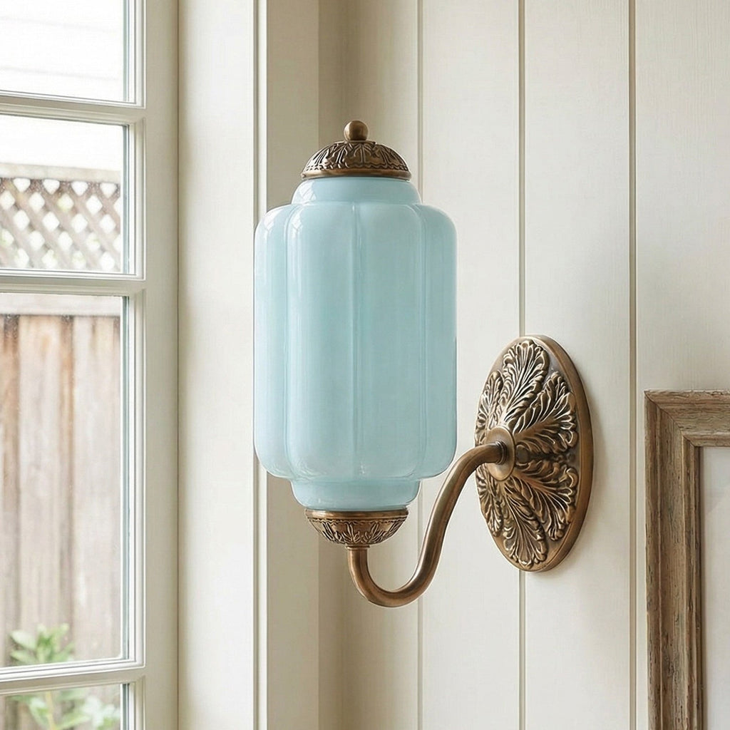 Opaline | Milk Glass Wall Sconce, Vintage Brass Bathroom Vanity Light, Ribbed Glass Bedroom Wall Light