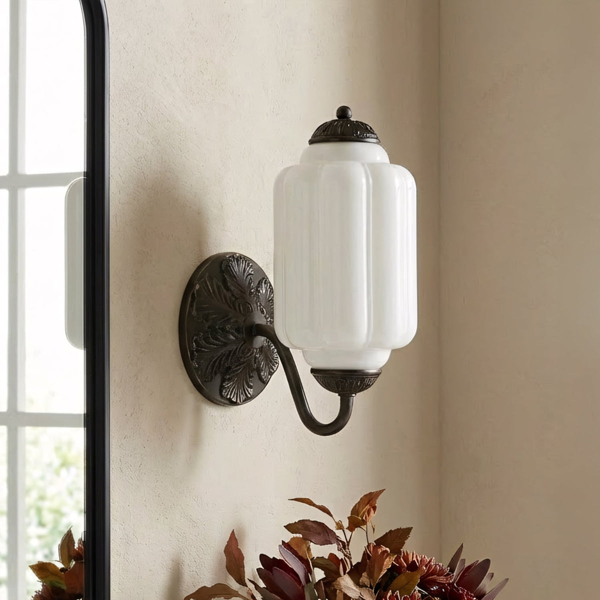Opaline | Milk Glass Wall Sconce, Vintage Brass Bathroom Vanity Light, Ribbed Glass Bedroom Wall Light