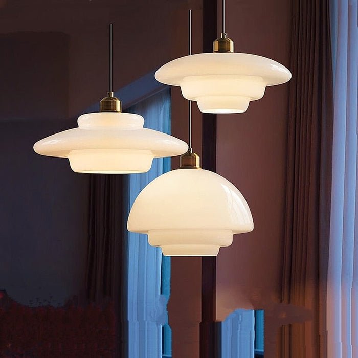 Alba | Milk Glass Pendant Light, Tiered White Glass Hanging Lamp with Brass, Mid Century Dining Light