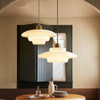 Alba | Milk Glass Pendant Light, Tiered White Glass Hanging Lamp with Brass, Mid Century Dining Light
