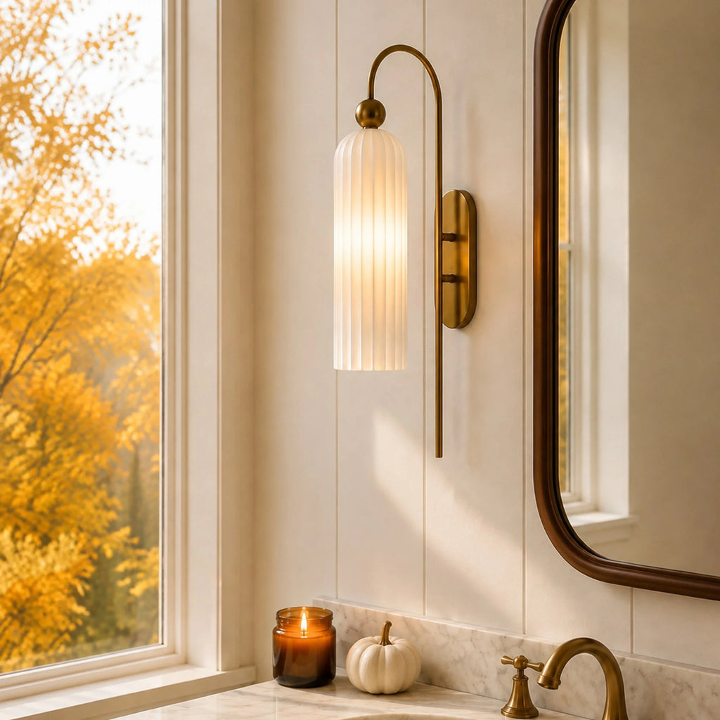 Azura | Ribbed Glass Wall Sconce, Gold Gooseneck Cylinder Wall Light, Alabaster or Travertine Shade