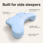 Side sleeper arm pillow features: arm tunnel, wide head rest, shoulder cutout and dense memory foam