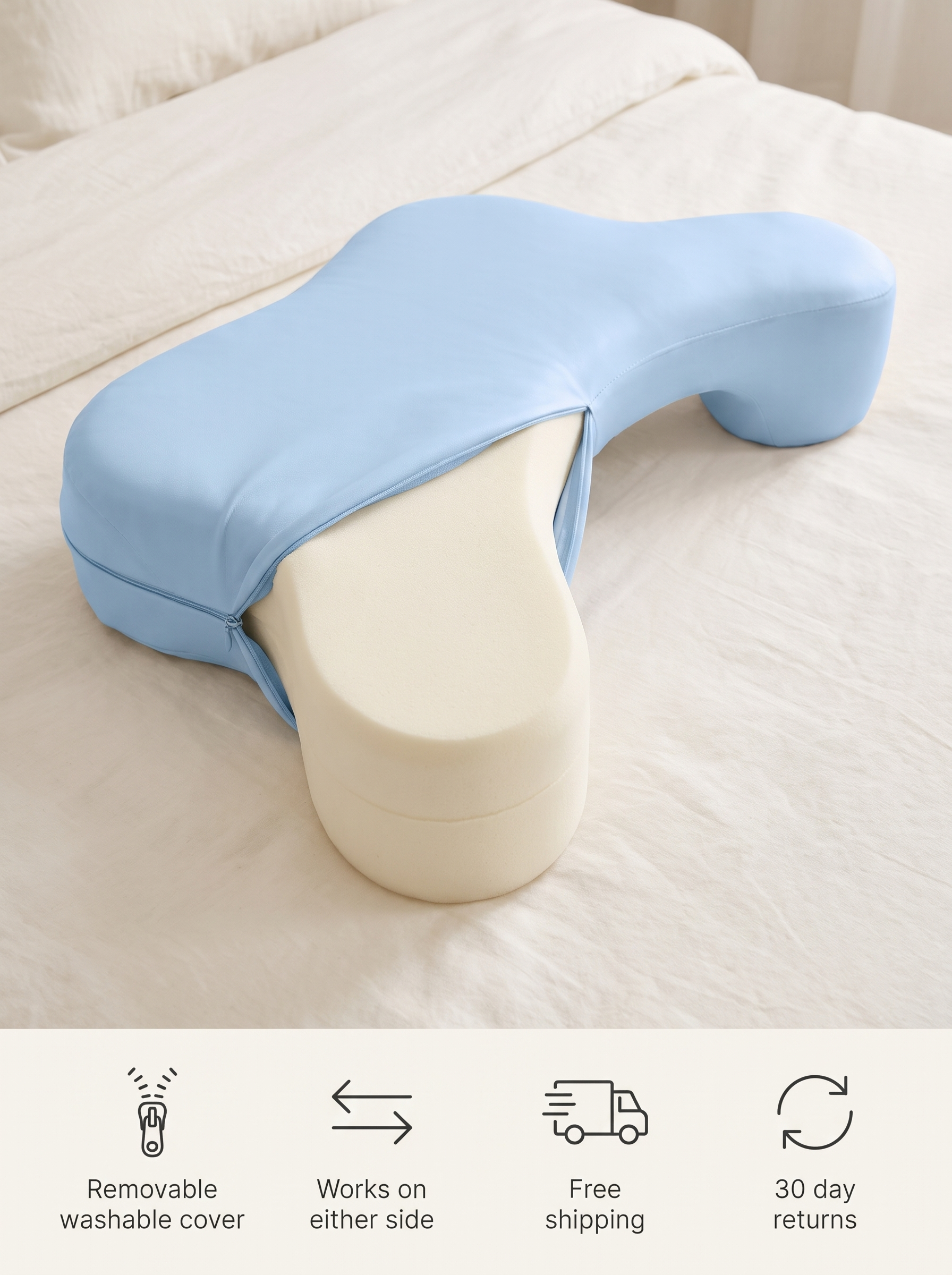 Cradle arm pillow with removable washable cover, works on either side, free shipping and 30 day returns