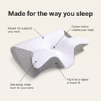 Contour cervical pillow features: raised roll supports your neck, center hollow cradles your head, side wings make room for your arms