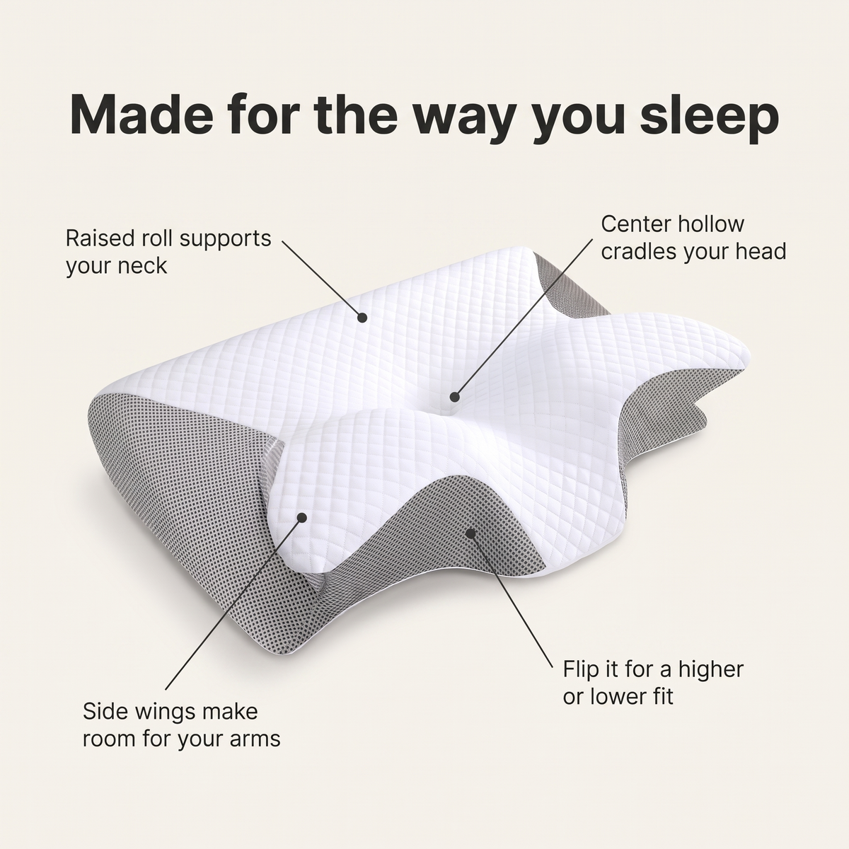 Contour cervical pillow features: raised roll supports your neck, center hollow cradles your head, side wings make room for your arms