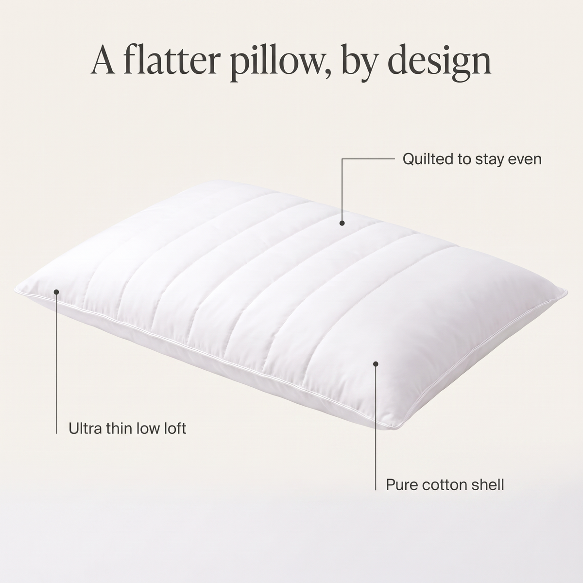 Gia thin pillow features: ultra thin low loft, quilted channels, pure cotton shell