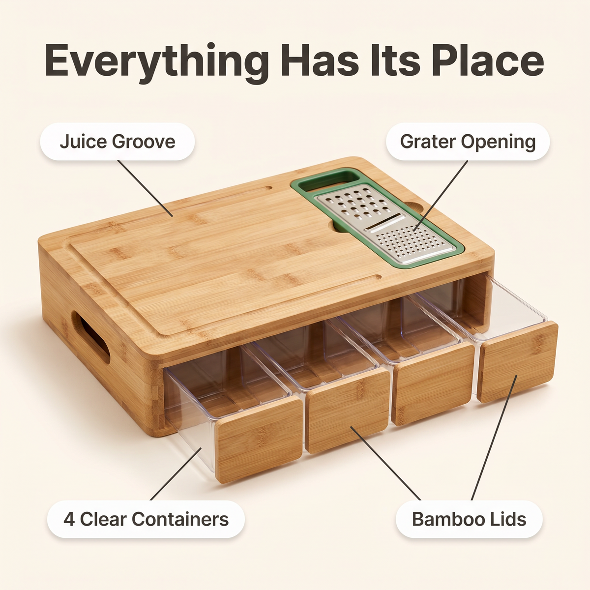 Harvest features: juice groove, grater opening, 4 clear containers, bamboo lids