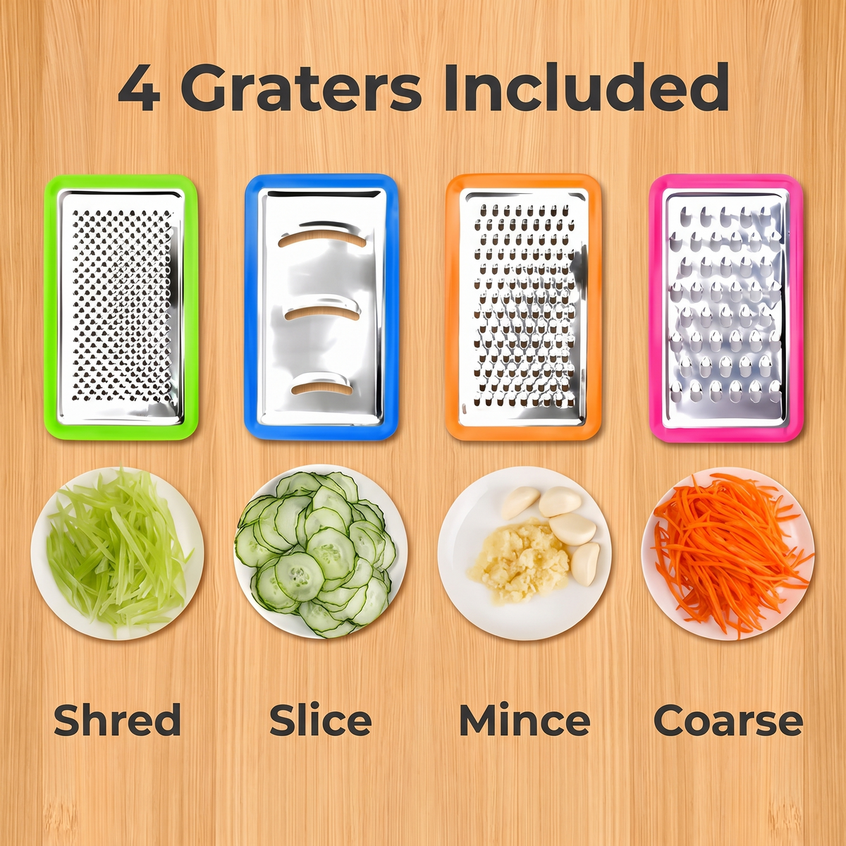 Four Harvest grater plates for shredding, slicing, mincing and coarse grating