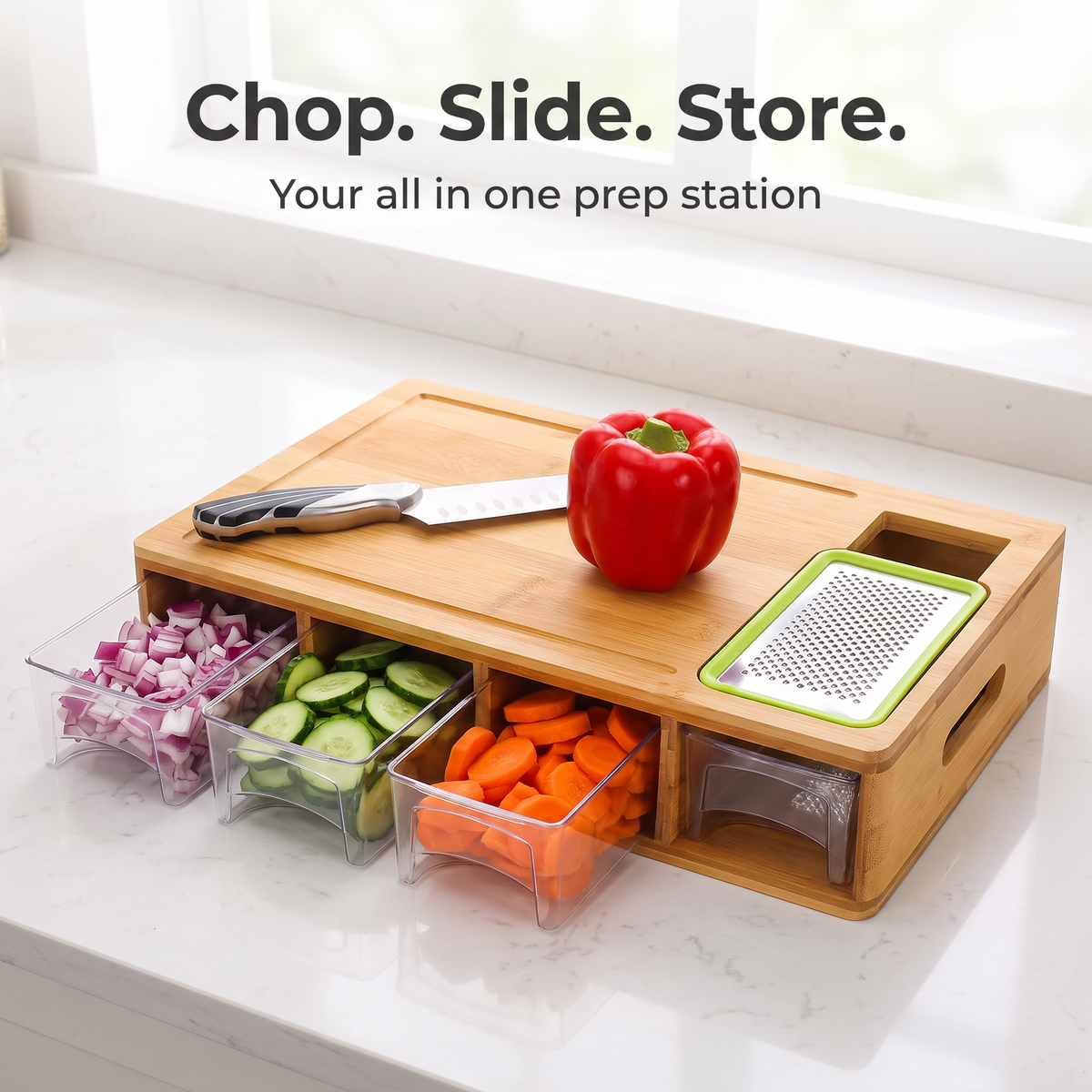 Harvest bamboo cutting board with four pull out containers and grater, chop slide store