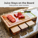 Tomato and watermelon juice held on the Harvest board