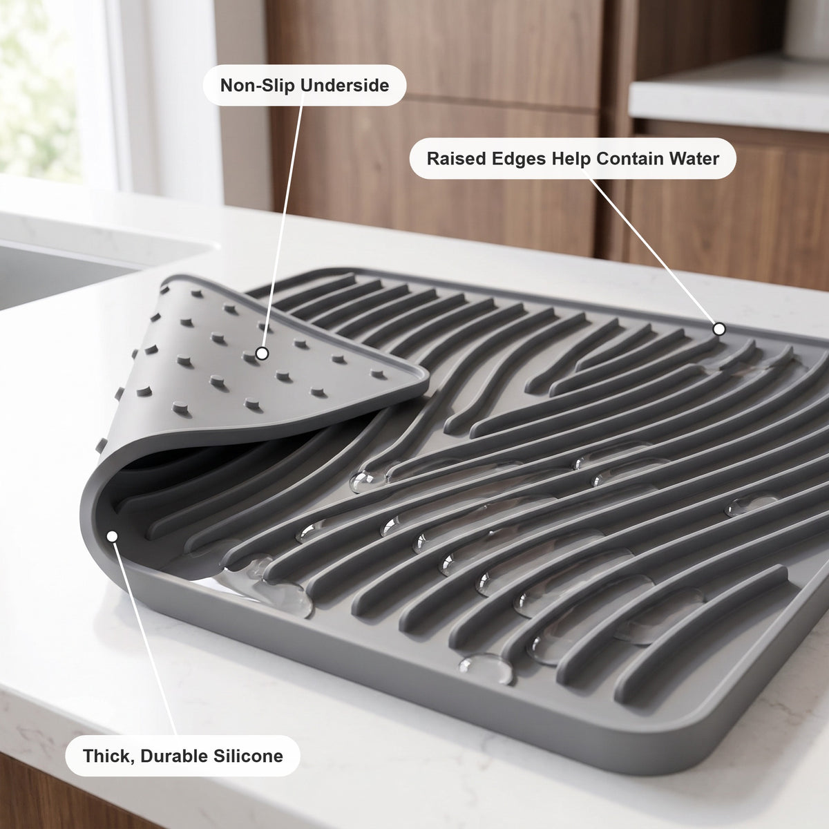 Rill drying mat raised edges, non-slip dotted underside and thick silicone
