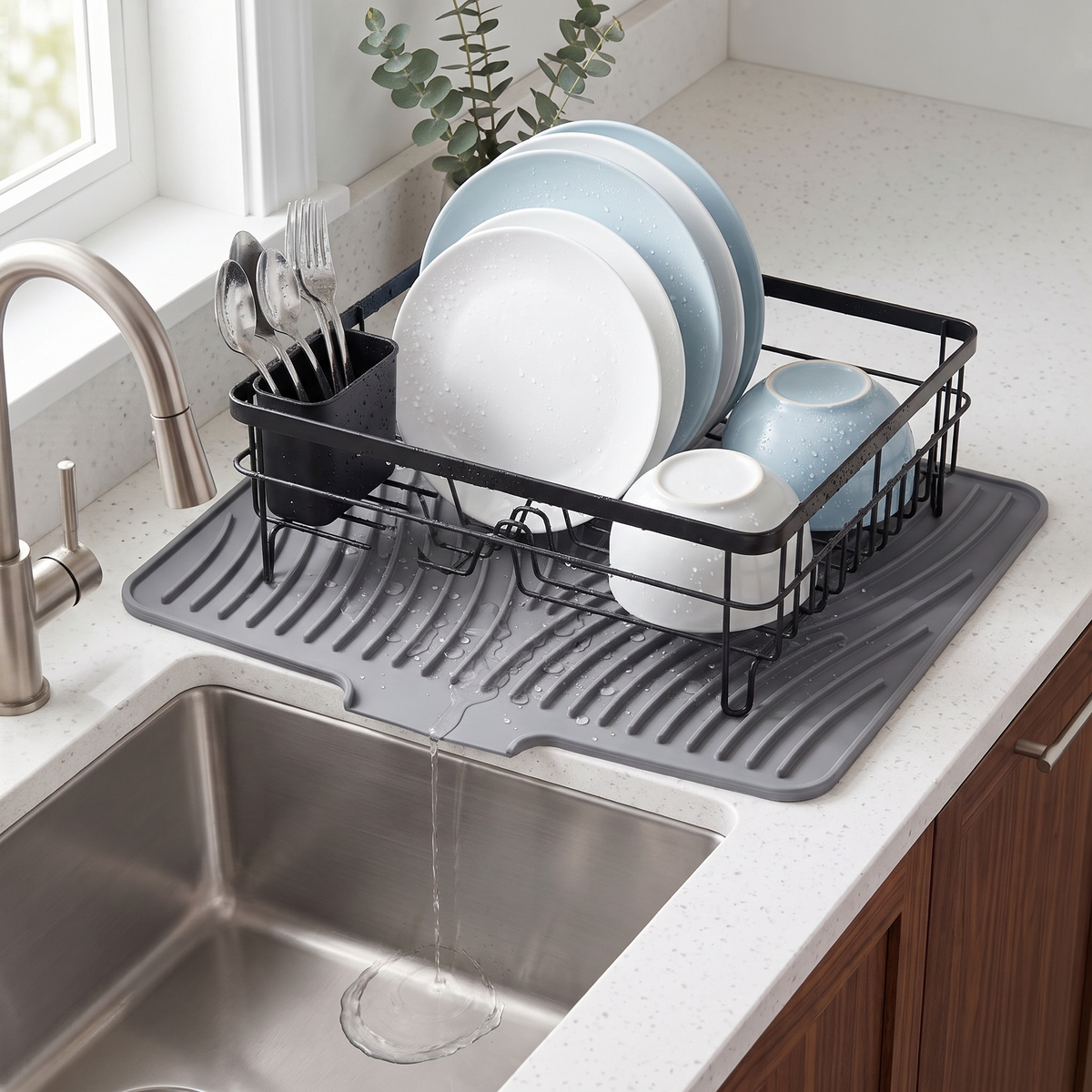 Rill used as a dish drying rack mat under a wire rack