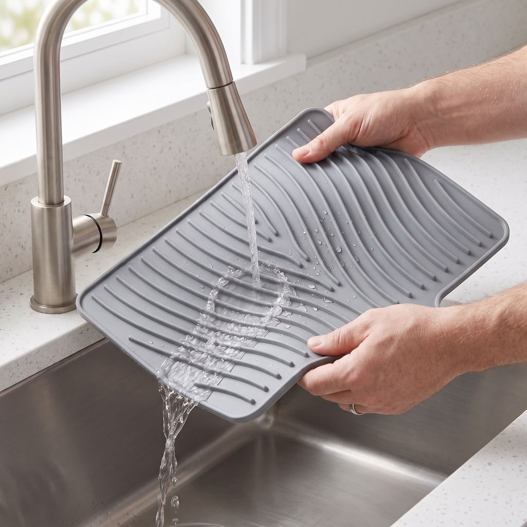 Rinsing the Rill silicone mat clean under the faucet