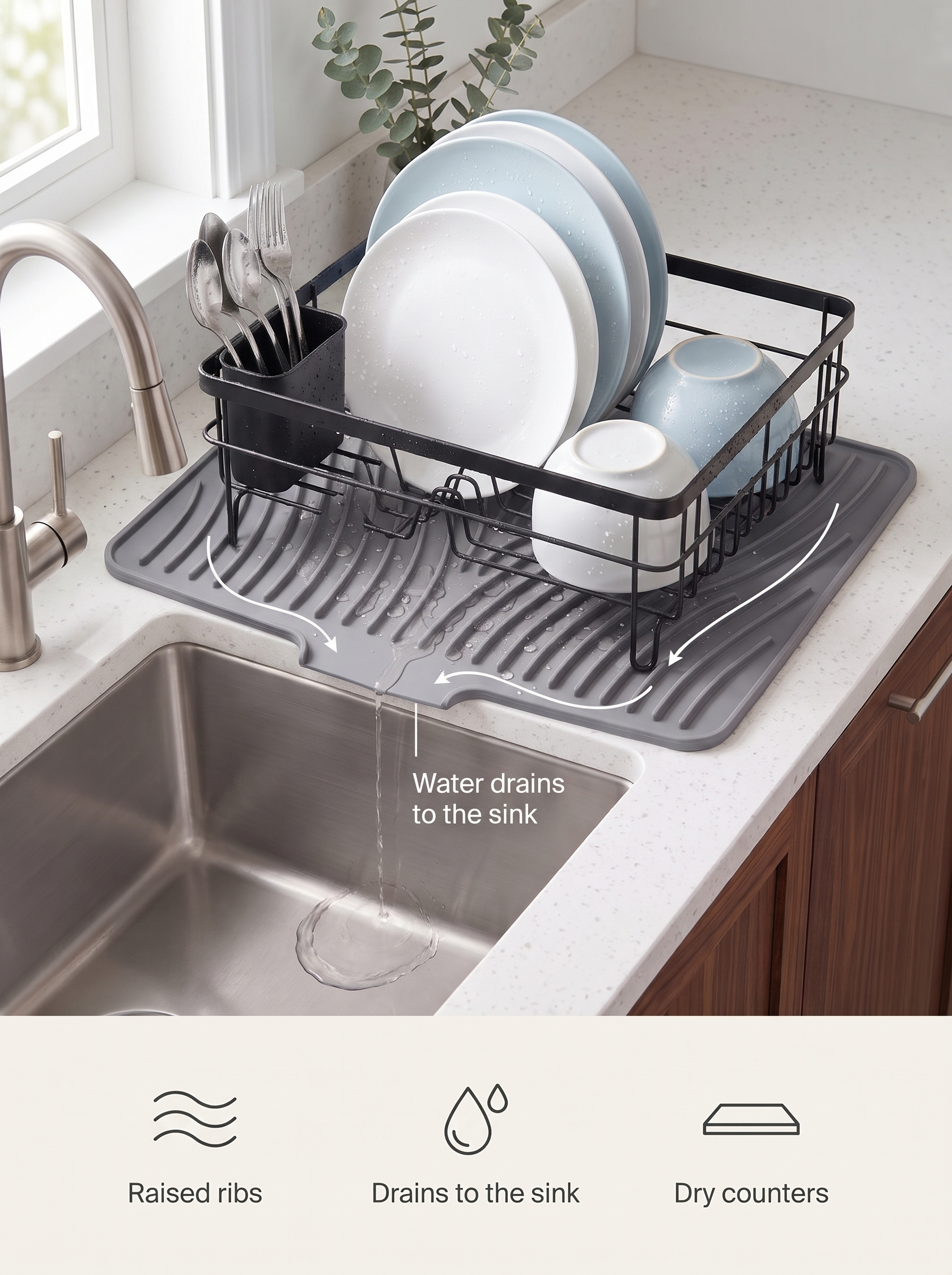 Rill mat under a dish rack, water drains to the sink