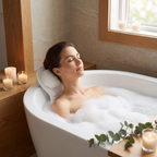 Woman relaxing in a bubble bath on the Spa bath pillow