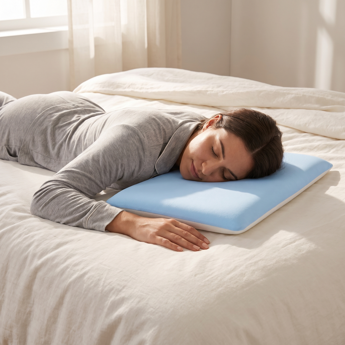 Woman sleeping on her stomach on the Zia thin memory foam pillow