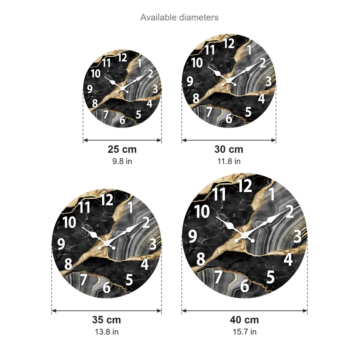 Marbella marble wall clock sizes: 25, 30, 35 and 40 cm (9.8 to 15.7 in) diameter