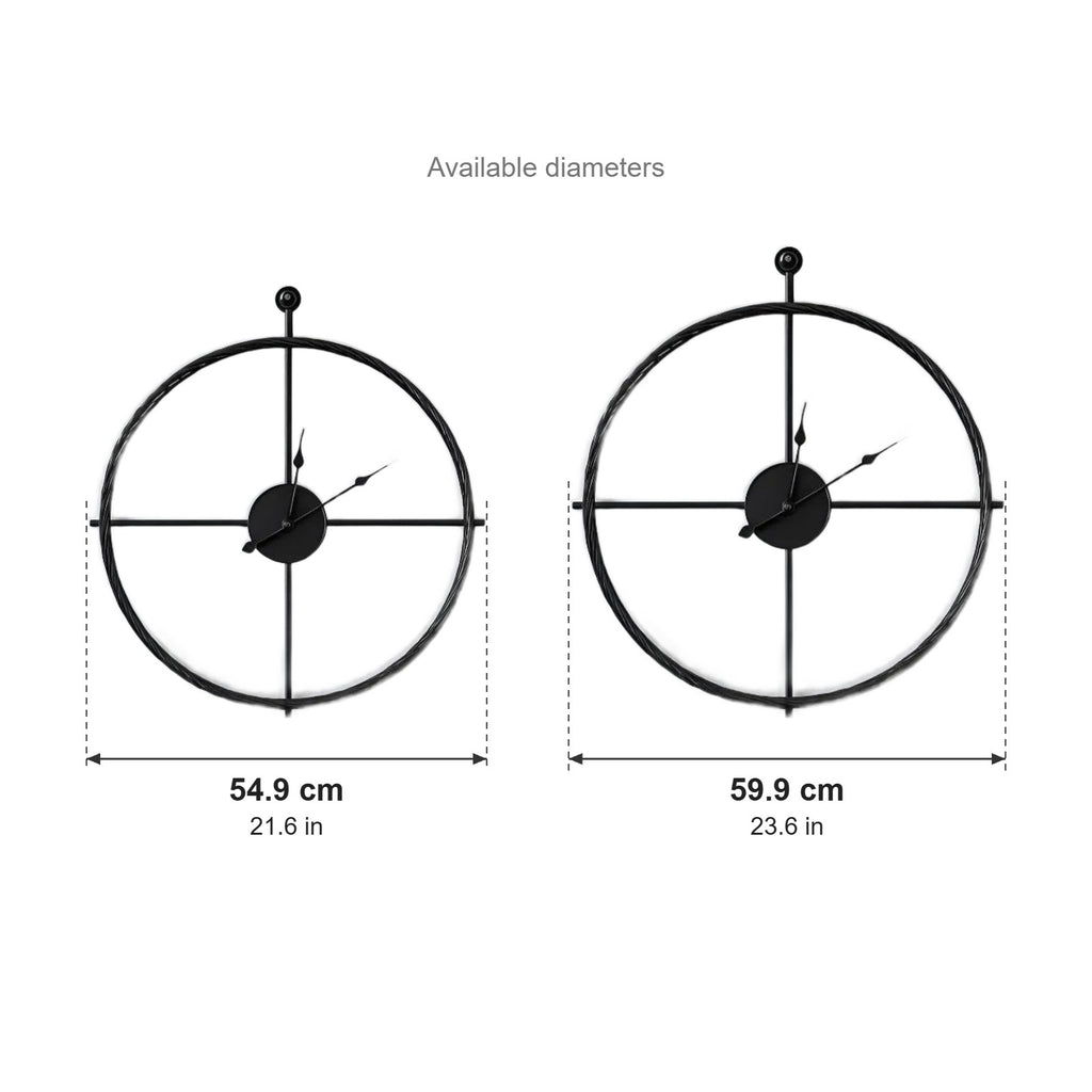 Meridian large metal wall clock sizes: 21.6 in (54.9 cm) or 23.6 in (59.9 cm) diameter