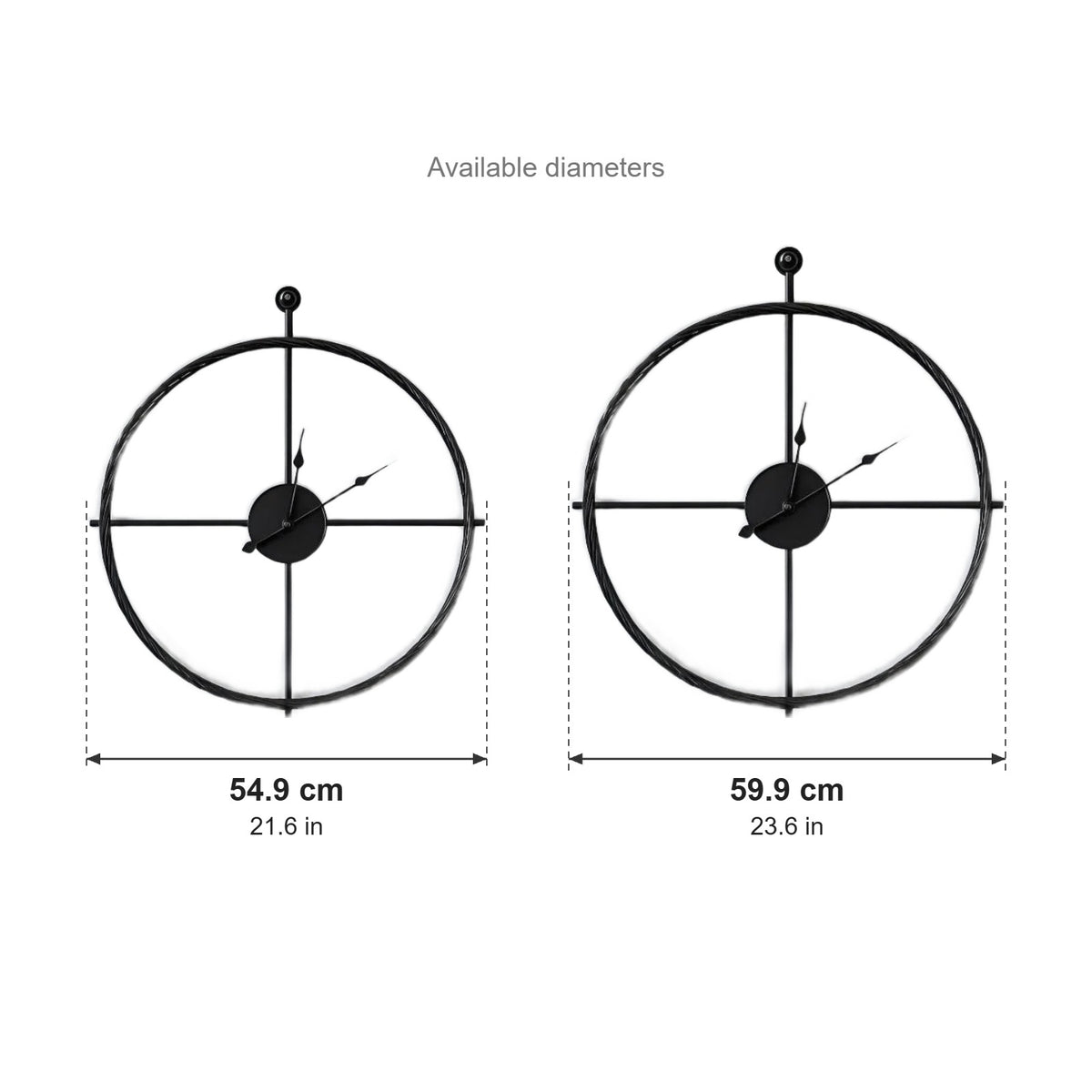 Meridian large metal wall clock sizes: 21.6 in (54.9 cm) or 23.6 in (59.9 cm) diameter