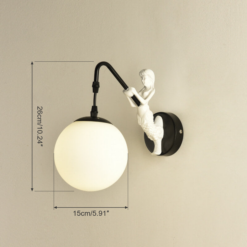 Mermaid wall sconce dimensions: 15 cm (5.91 in) globe, 26 cm (10.24 in) high