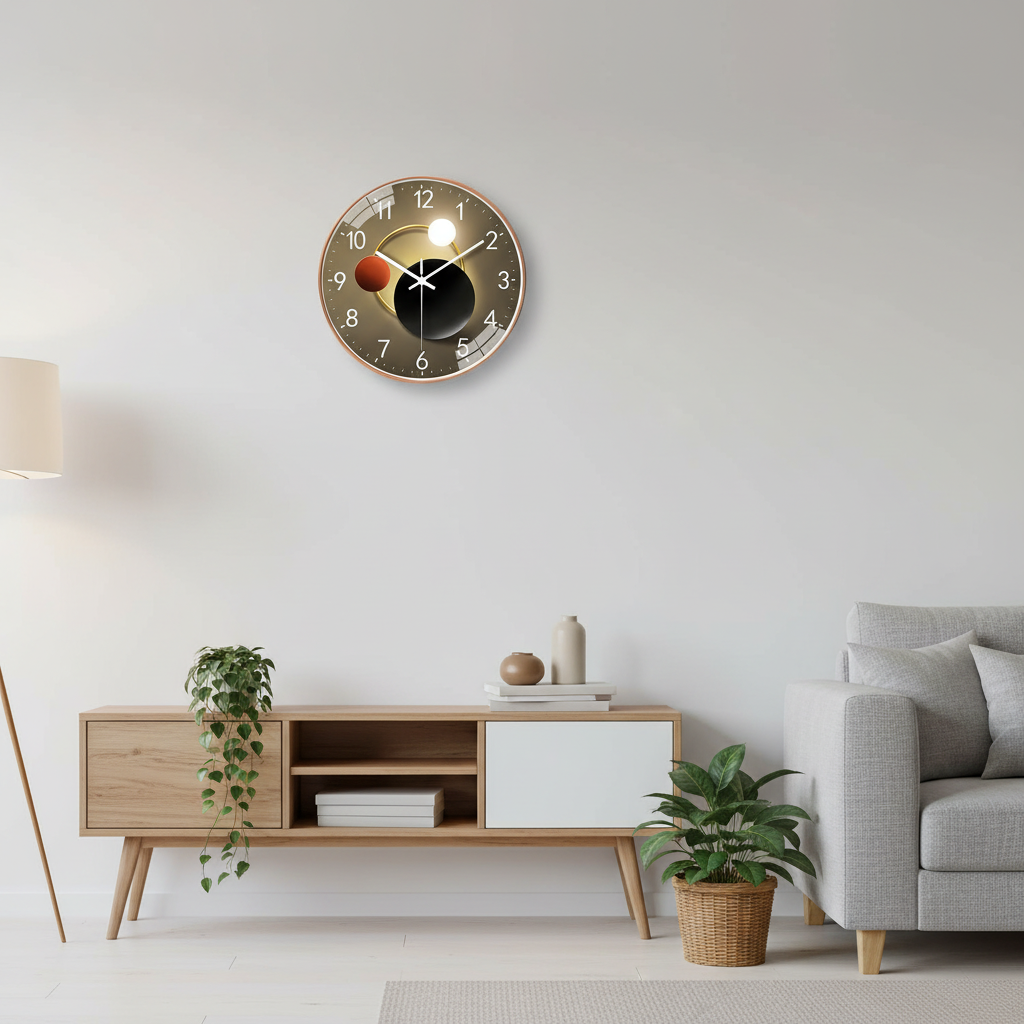 Eclipse | Modern Wall Clock, Silent Non Ticking Glass Clock, Decorative Moon and Sun Wall Decor