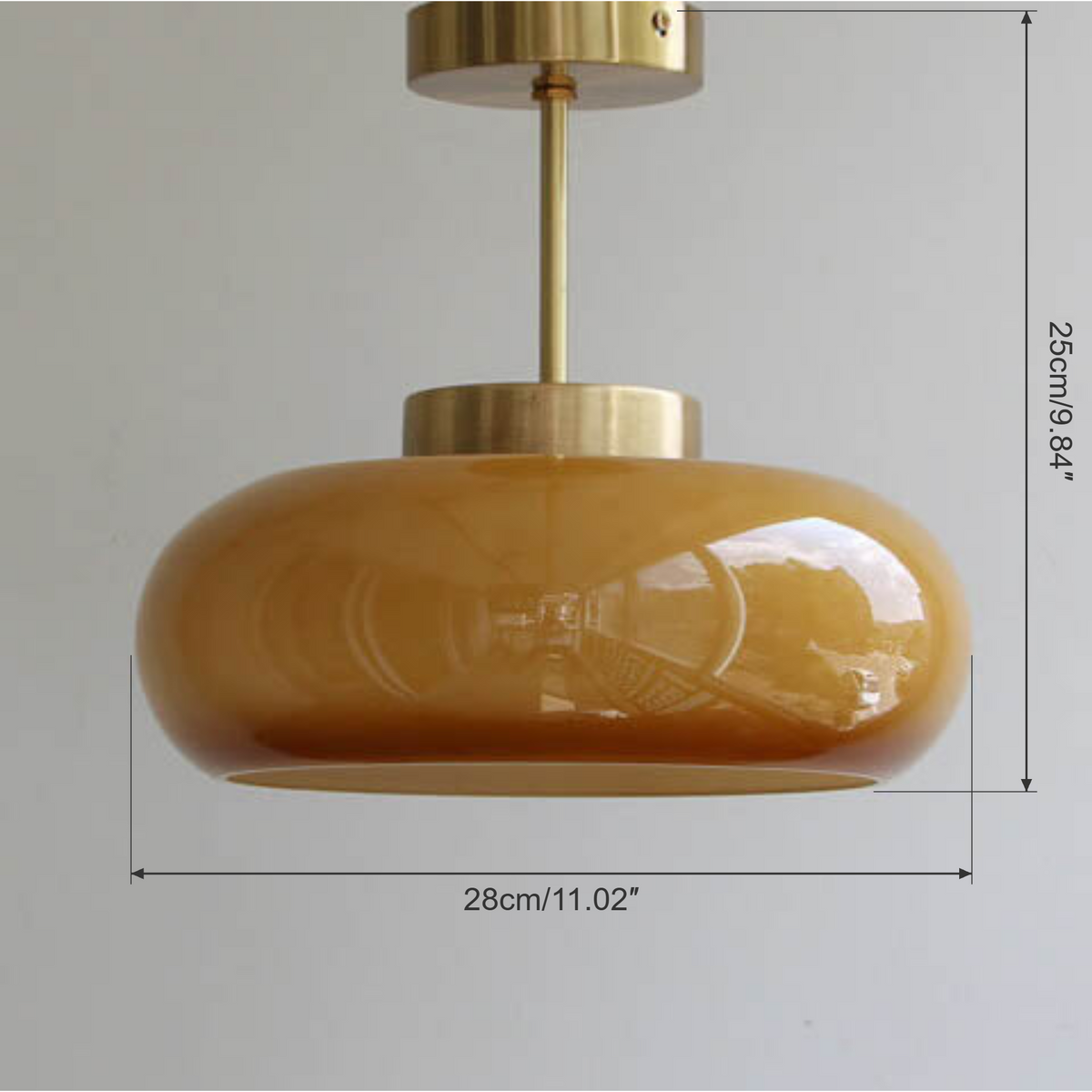 Vintage Amber ceiling light dimensions: 28 cm (11.02 in) wide, 25 cm (9.84 in) high