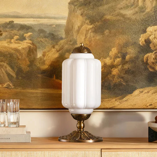 Lumi | Ribbed Glass Table Lamp, French Vintage Bedside Lamp with Brass Base, Milk Glass Desk Lamp