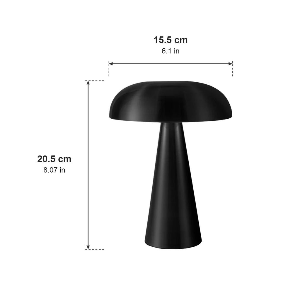 Yokohama cordless mushroom table lamp dimensions, 20.5cm tall with a 15.5cm dome